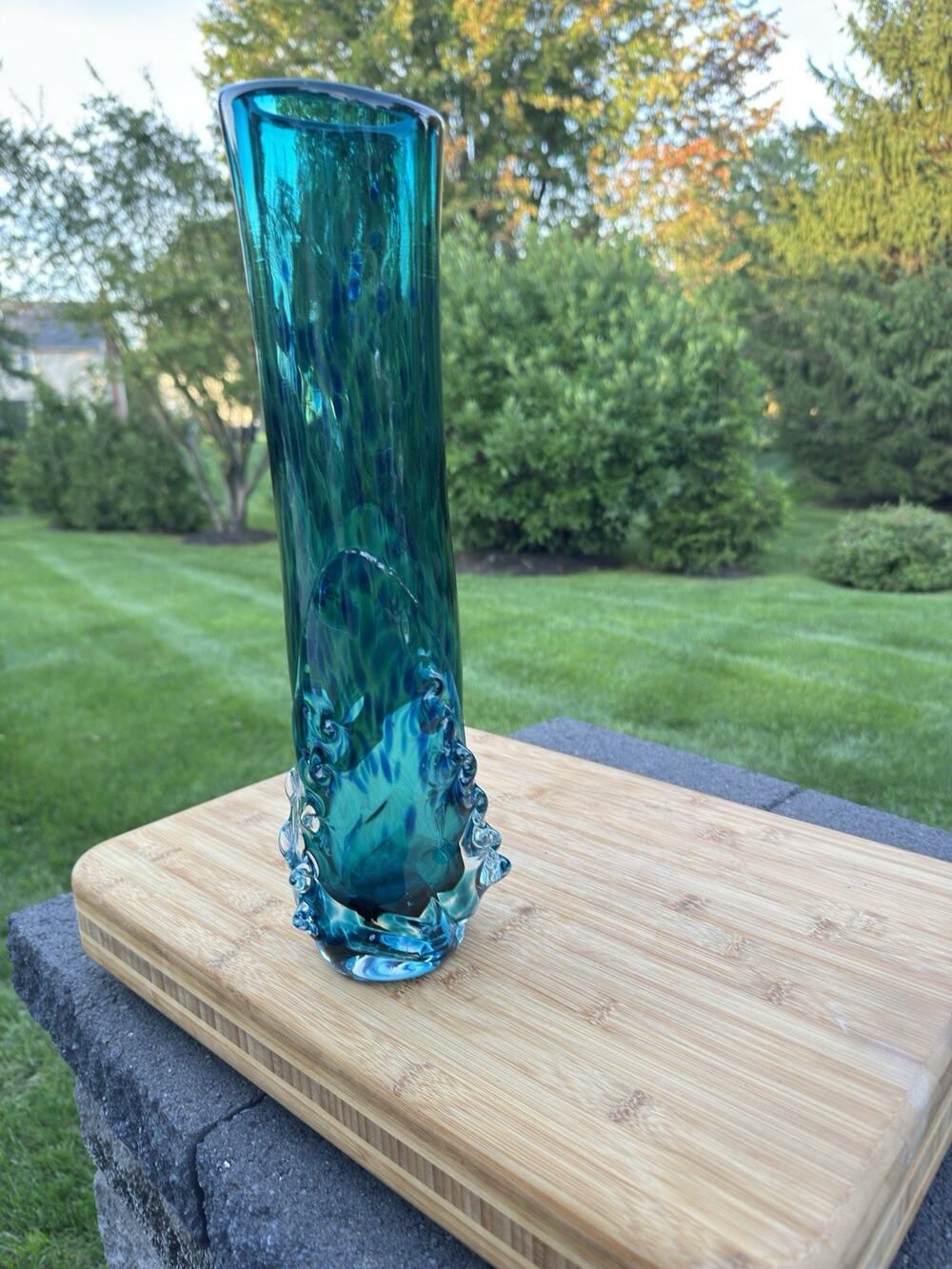 1997 Signed Studio Art Glass Vase 15.25” Heavy Blue Teal Prunts 6.15 Lbs